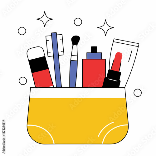 Makeup essentials in a yellow pouch