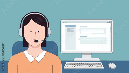 Woman Wearing Headset Working on Computer.