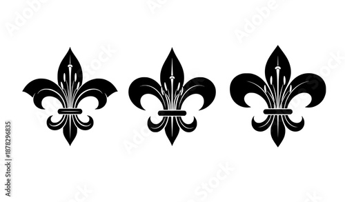Vector set of three black fleur de lis lily flower silhouettes isolated on white background