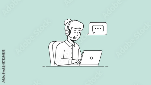 Woman Working on Laptop with Headset.