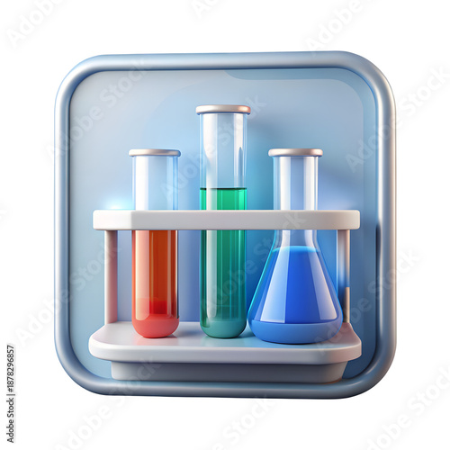 Laboratory Test Tubes and Beakers Science App Icon 3D Illustration Isolated on White Background
