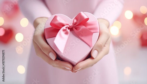 ピンク背景で女性が差し出すハート型プレゼントのクローズアップ　バレンタイン、誕生日、母の日ギフト