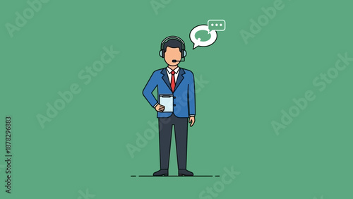 Cartoon Man Wearing Headset and Holding Paper.