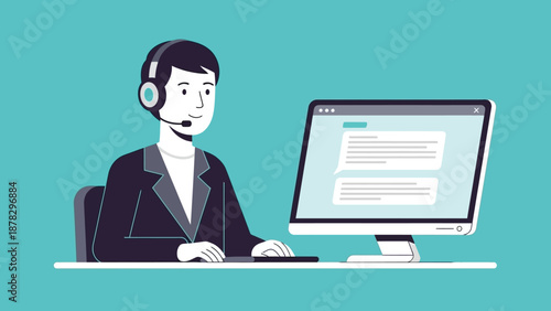 Customer Service Representative Working on Computer.