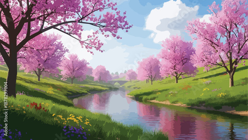 A serene landscape with pink trees