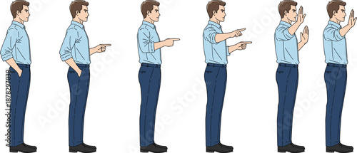 Man side view character showing sequential hand gestures pointing and stop signals for body language communication vector illustration tutorials design
