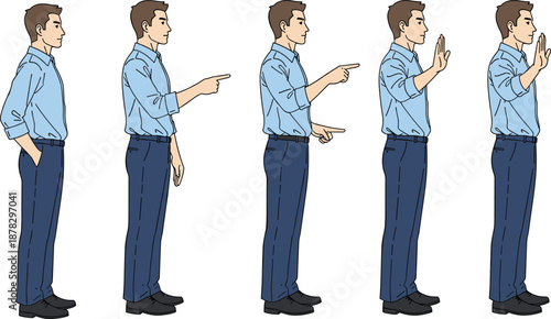 Man showing side view hand gestures including pointing and stop sign body language communication poses vector illustration for tutorials design