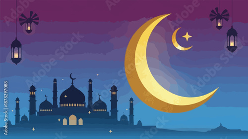 A serene mosque scene at dusk with crescent moon and lanterns
