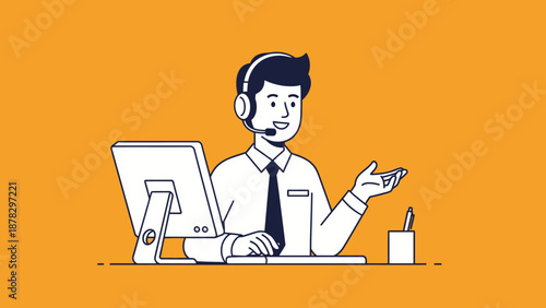 Man Wearing Headset Working on Computer.
