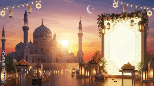A serene mosque scene at sunset with lanterns