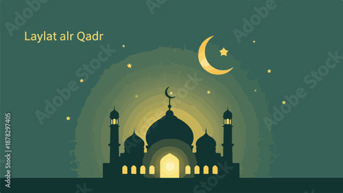 A serene mosque silhouette at night with a crescent moon