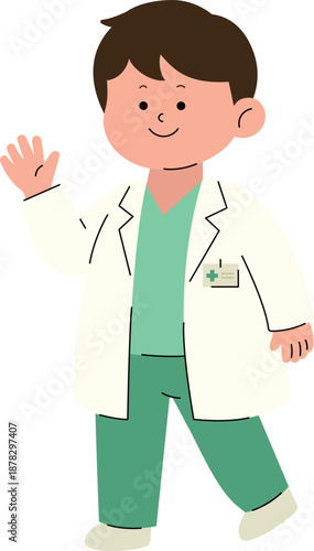 Friendly doctor waving hand. Hospital medical staff greeting vector illustration.