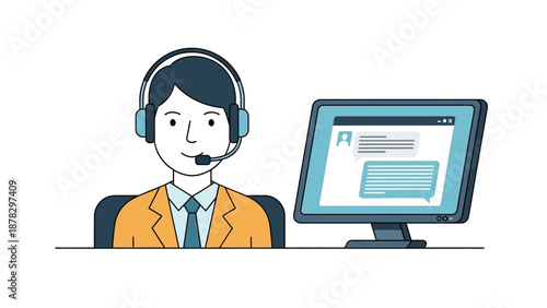 Cartoon Man Wearing Headset Working Computer.