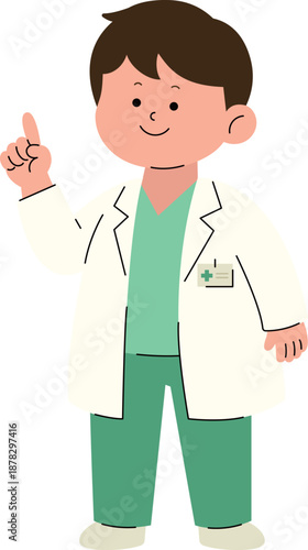 Male doctor pointing finger to give medical advice. Healthcare consultation vector illustration.