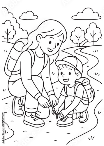 coloring book mother tying her son’s shoelaces during a mountain hike, caring family moment in an outdoor adventure scene
