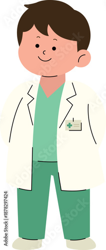 Trustworthy doctor standing with a smile. Medical professional character vector illustration.