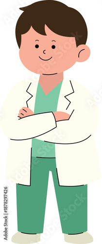 Confident doctor with arms crossed. Medical specialist profile vector illustration.