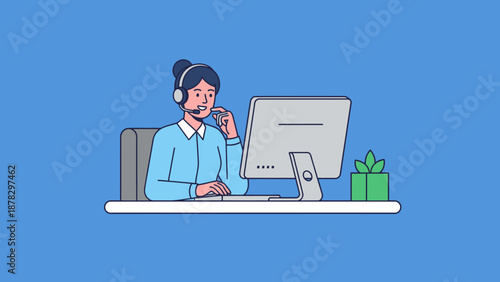 Woman Wearing Headset Working on Computer.