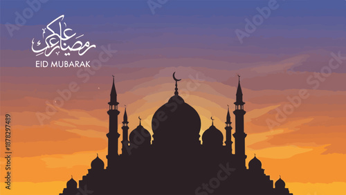 A serene mosque silhouette at sunset with a vibrant sky