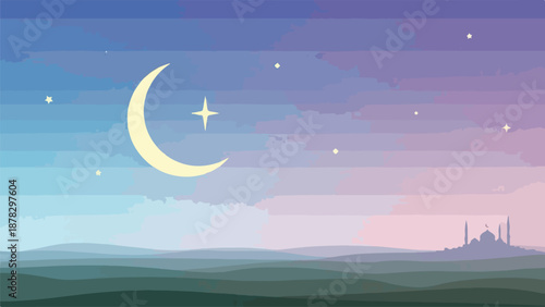 A serene night landscape with crescent moon