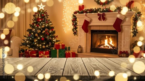 Cozy Christmas Living Room with Fireplace, Decorated Tree, and Gifts