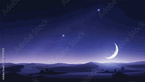 A serene night landscape with a crescent moon