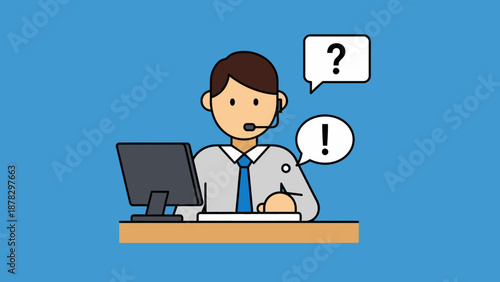 Man at Desk with Confused Expression.