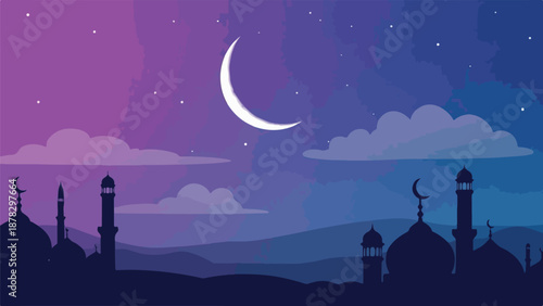 A serene night scene of a mosque under a crescent moon