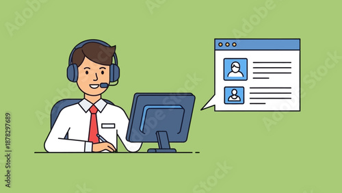 Man Wearing Headset at Computer Desk.