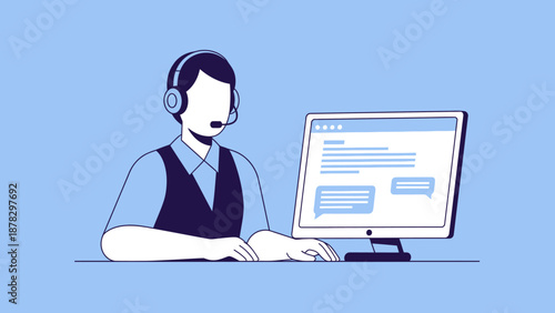 Man Wearing Headset Working on Computer.