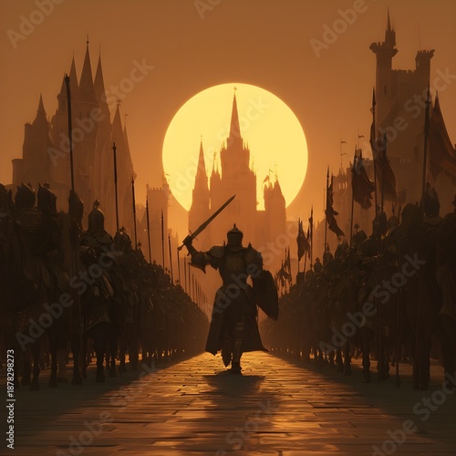 fantasy scene of knight leading army