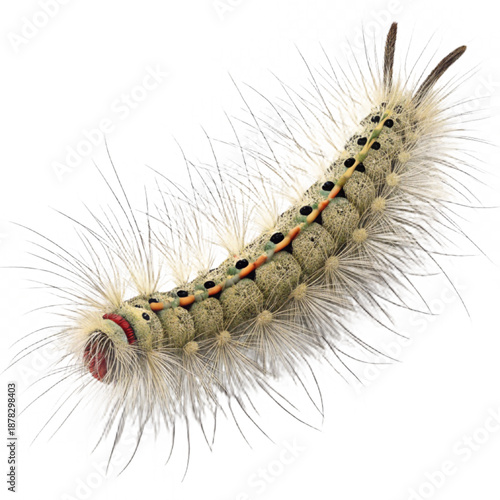 Detailed close-up of a vibrant caterpillar cocoon with fuzzy hair-like silk strands, showcasing nature's intricate textures and patterns.