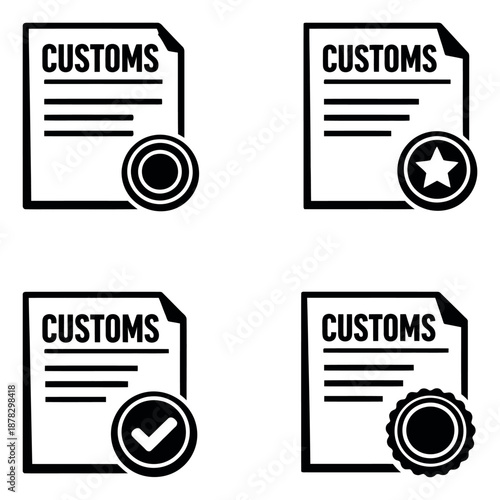 Solid style customs document icons set featuring various status badges for international trade and travel