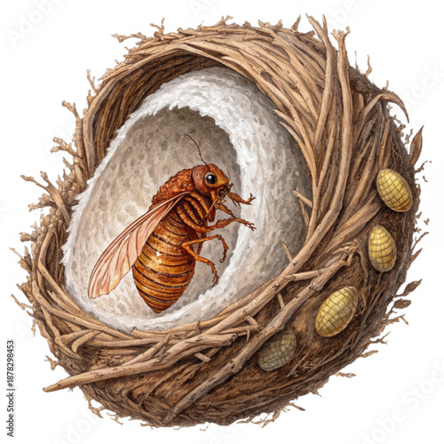 Detailed cicada egg nest with protective foam like coating and eggs
