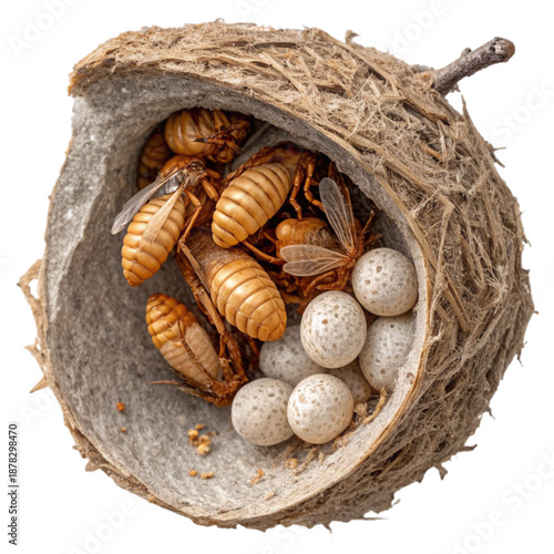 A cicada egg nest with a protective foam-like coating, showcasing a natural insect habitat.