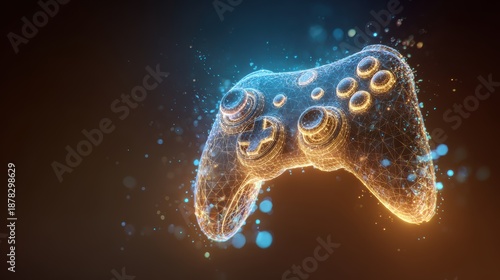 Fun gaming entertainment. A digital artwork of a game controller rendered in a digital art style, featuring a wireframe of connected lines and dots, set against a dark background.