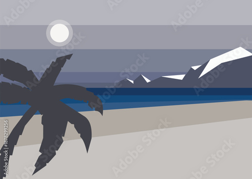 Minimalist Coconut Tree by the Sea with Mountains and Calm Nordic Coastal Mood