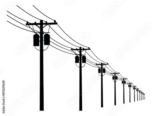 Silhouette utility poles and power lines set featuring a long row of electricity distribution infrastructure for energy and communication networks