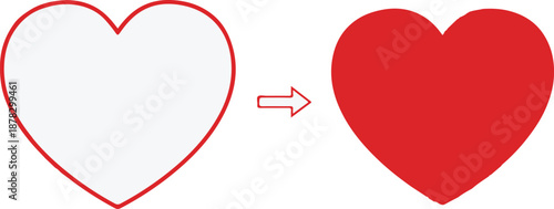 Simple graphic illustration showing a heart shape transforming into a filled red heart, Interface Element design concept