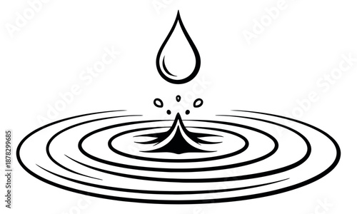 Line art illustration of a falling water droplet depicting a splash and concentric ripples for liquid concepts