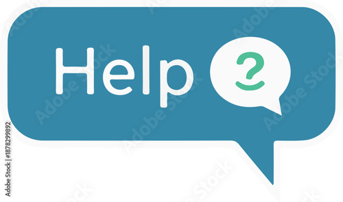 A digital blue speech bubble Interface Element with Help text and question mark displayed prominently