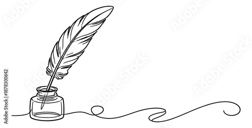 Hand drawn line art illustration of a quill pen and inkwell depicting writing for education and literature