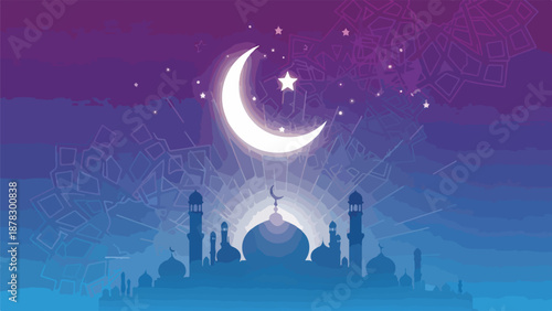 A serene night scene with a mosque silhouette under a crescent moon