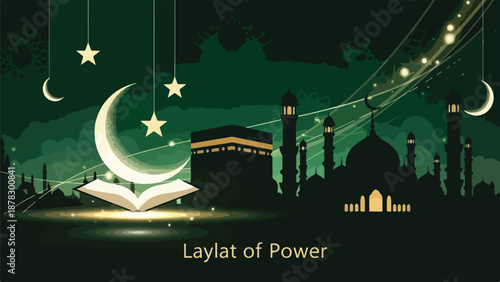 A serene night scene with a mosque, crescent moon, and stars