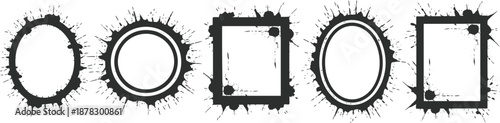 Abstract grunge splatter frame collection with oval and square borders ink splash style design elements isolated on white background