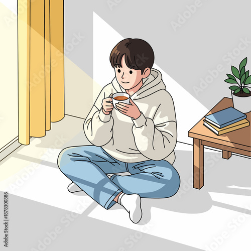 Cozy morning illustration of a person sipping a hot beverage bathed in warm sunlight