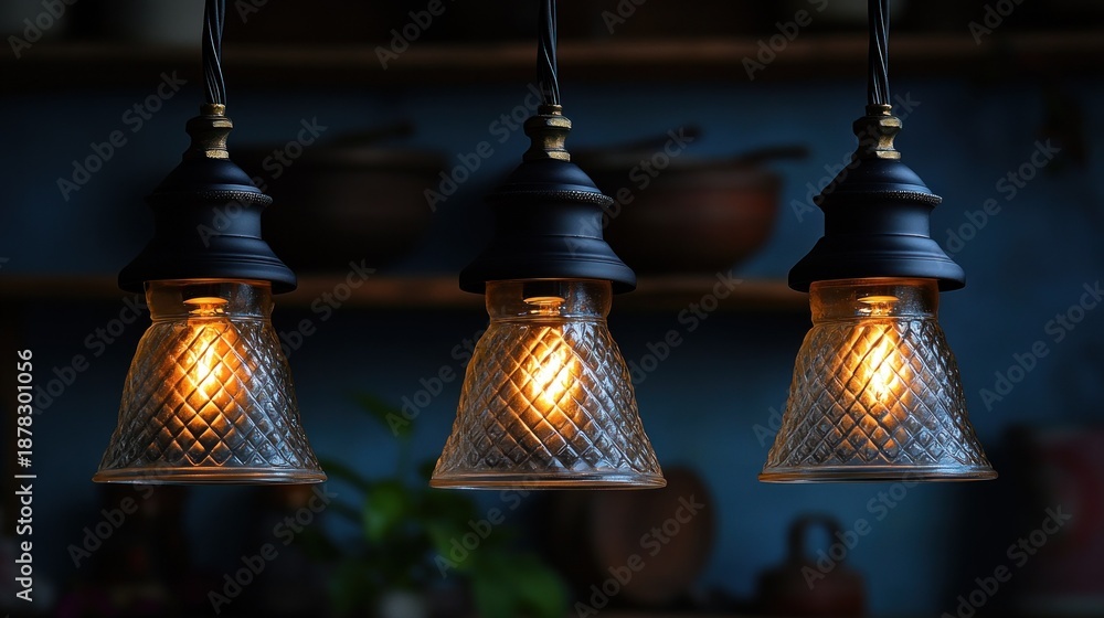 Obraz premium Three vintage-style pendant lamps, frosted glass, warm glow