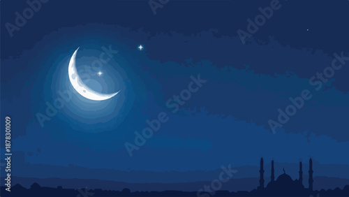 A serene night scene with crescent moon