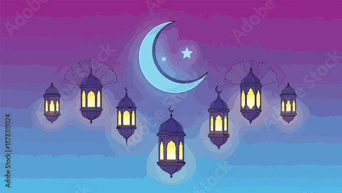 A serene night scene with hanging lanterns and a crescent moon