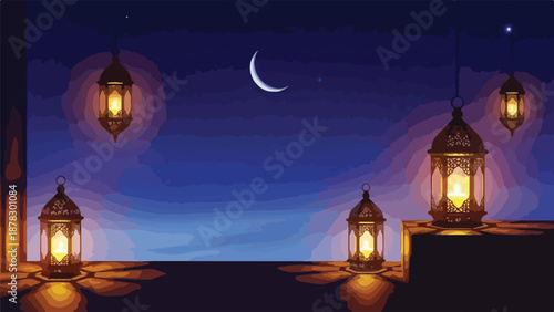 A serene night scene with hanging lanterns